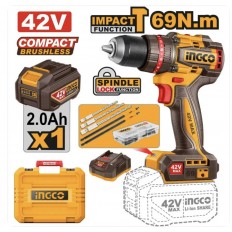 INGCO Trapano a Percussione 42V 69N.m 1 Batteria 2.0ah+caric.+valigetta